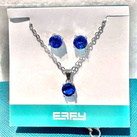 NWT EFFY Deep Blue Crystal Stone Pendant Chain Necklace & Stud Earring Set Silve - Picture 1 of 2